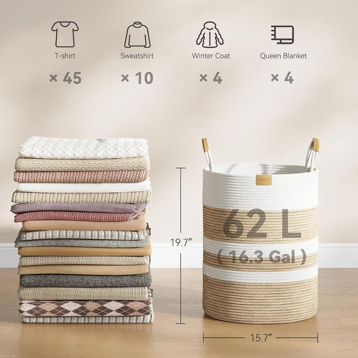 62L Striped Laundry Hamper with Leather Handles,Large Foldable Laundry