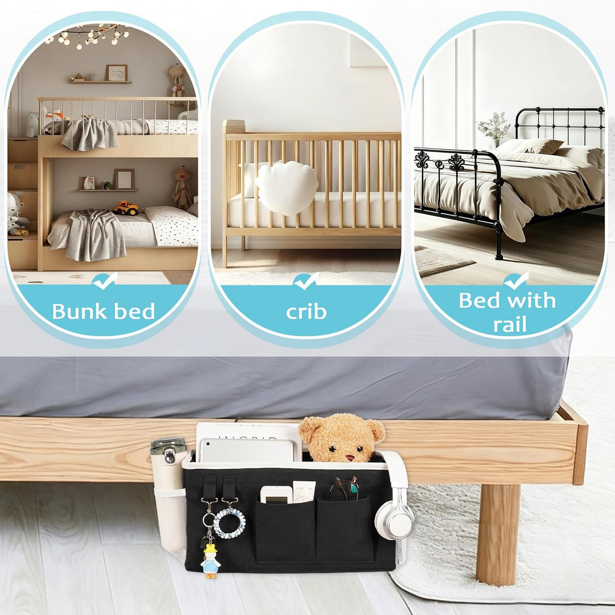 Bedside Caddy, Bedside Storage Bag Hanging Organizer for Bunk Dorm Bed