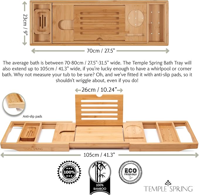 Temple Spring Wooden Bathtub Tray, Bamboo Bathroom Accessories, Bath Tray - Image 3