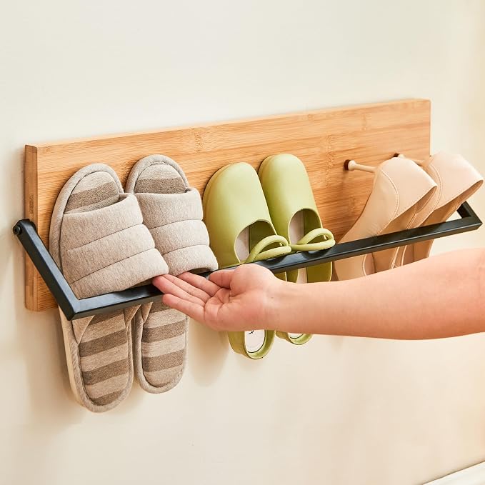 Wall Mounted Shoe Rack Scandinavian Bamboo & Metal Shoe Storage, Space-Saving - Image 8