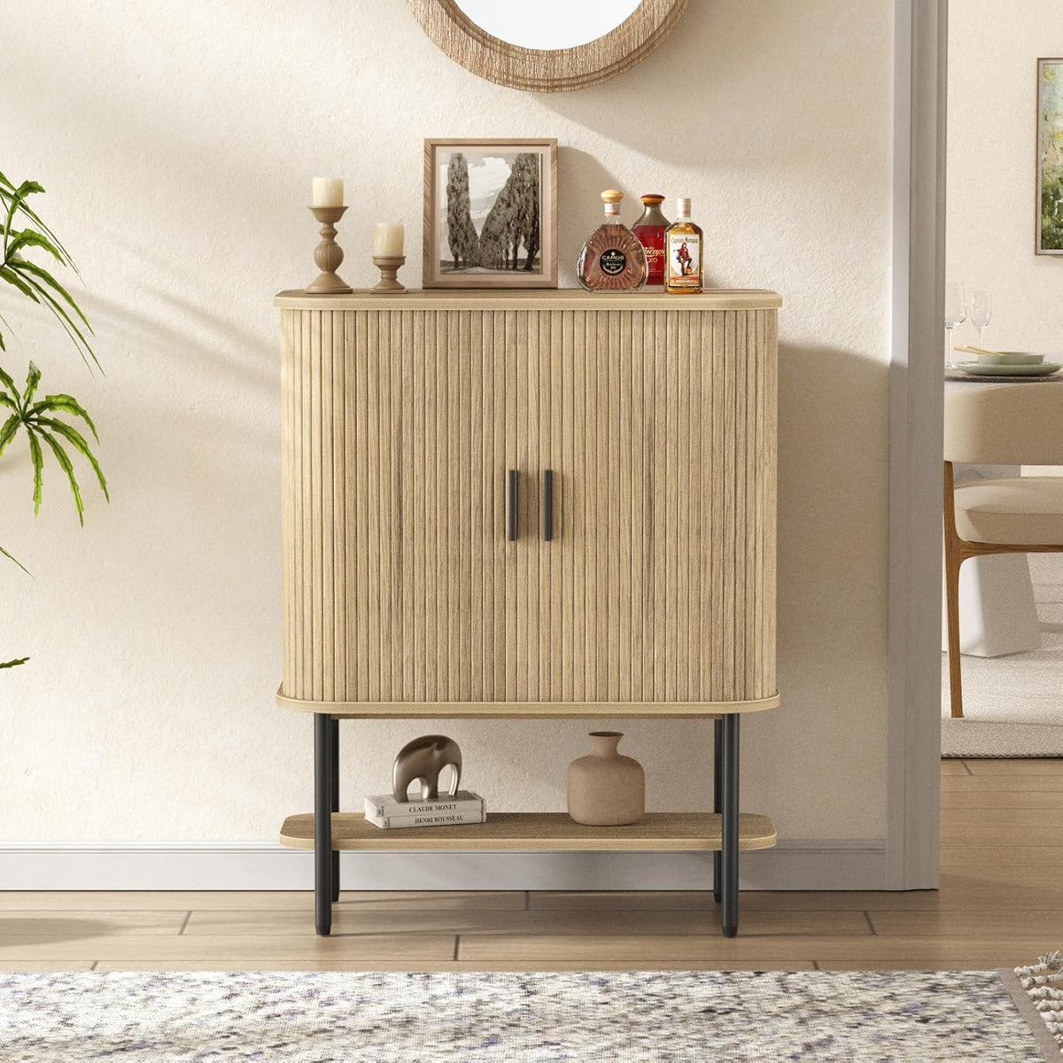 Coffee Bar Cabinet with Storage, Fluted Wine Cabinet with Sliding