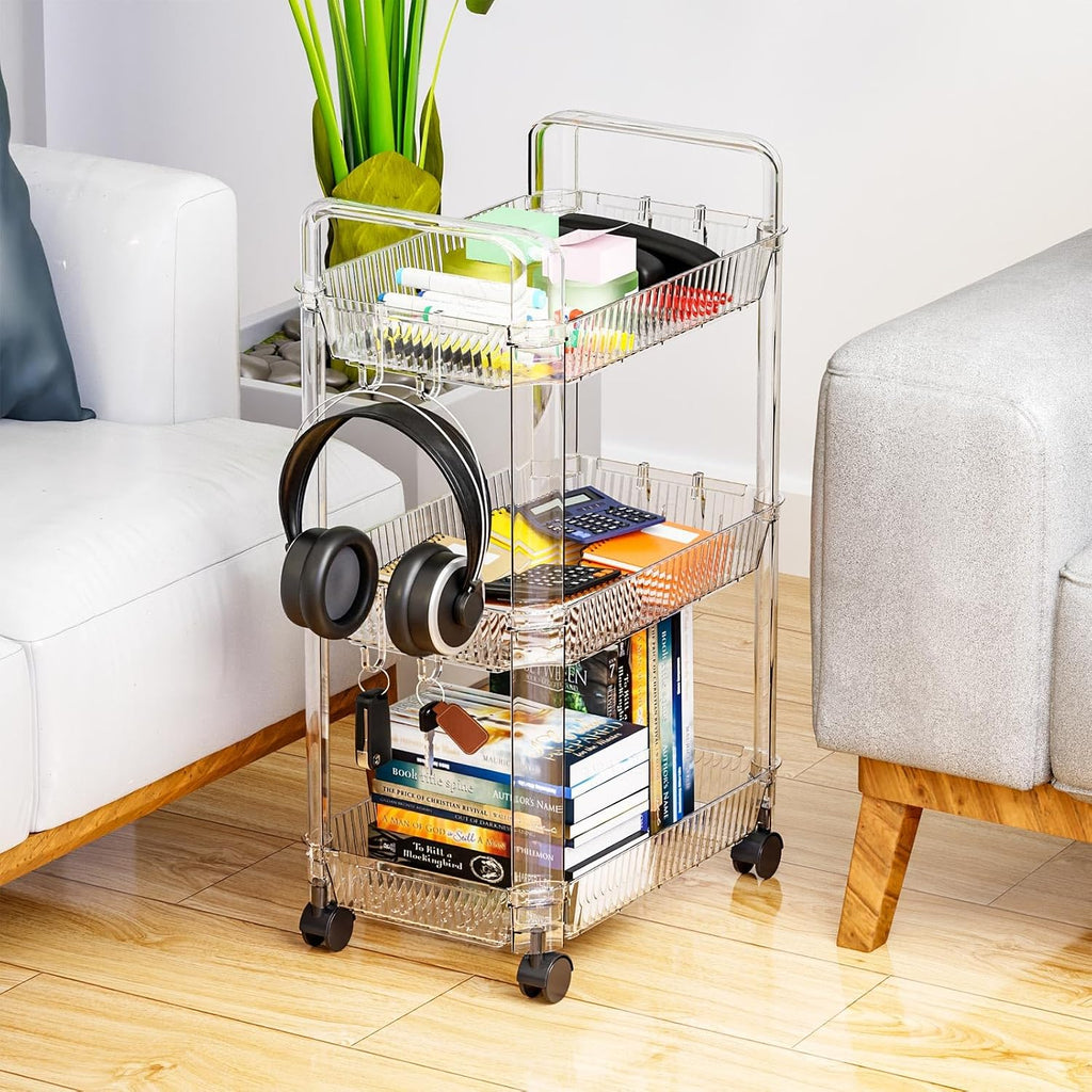 Clear 3 Tier Rolling Utility Cart with Wheels,Modern Bedside Cart for