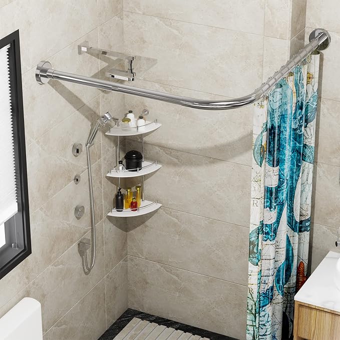 Stretchable 304 Stainless L Shaped Bathroom Bathtub Corner Shower Curtain Rod by Sikaiqi