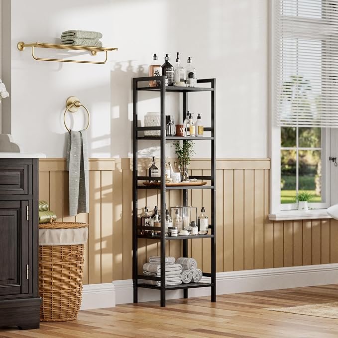 HITNET 5 Tier Narrow Bookshelf, Bamboo Bookcase, Slim Tall Storage Rack Free - Image 8