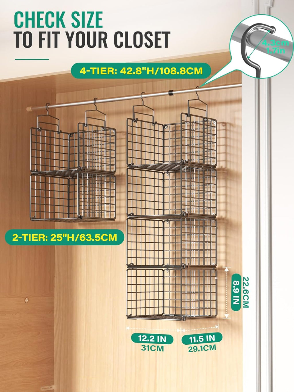 Hanging Closet Organizer, 4 Tier Metal Closet Organizers and Storage