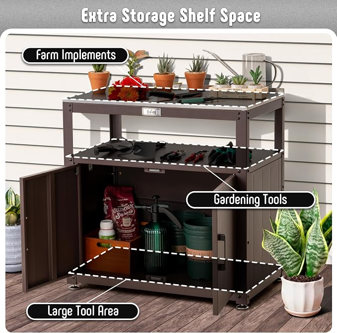 Garden Potting Bench with Storage Cabinet, Outdoor Gardening Table & Work Bench - Image 4