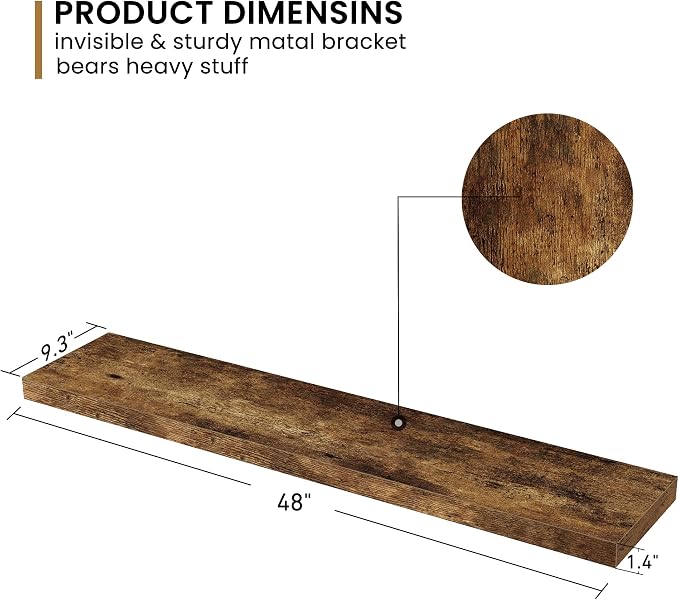 Fun Memories 48Inch Floating Shelves, 9.3Inch Deep Rustic Wall Shelves - Image 2