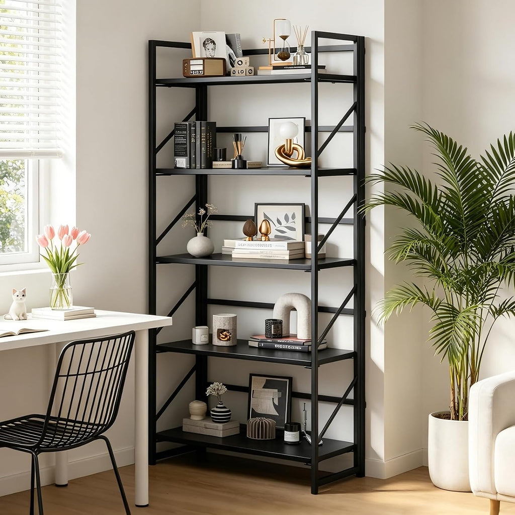 JSB No Assembly Folding Bookshelf, 5 Tier Industrial Metal Book Shelf