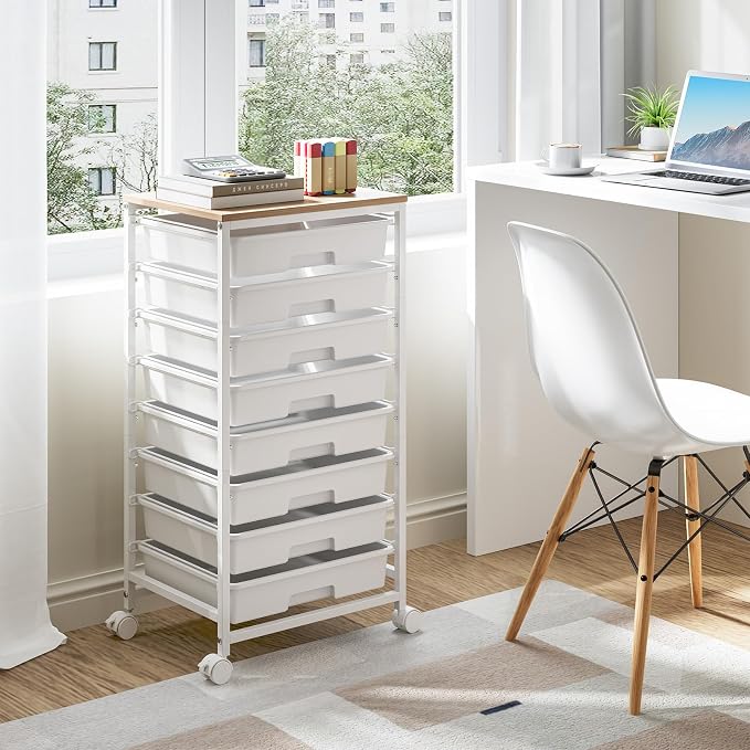 Storage Cart with 8 Drawers, Utility Cart with White Drawers and Wooden Tabletop - Image 8