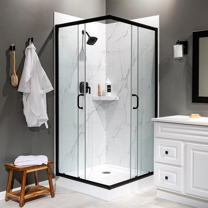 Palisade Vinyl Waterproof Corner Shower Shelf in Carrara Marble/Urban Glacier - Image 8