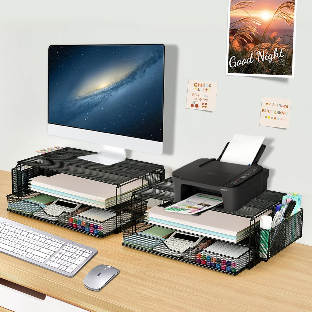 2 Tier Computer Monitor Stands with Drawer and 2 Pencil Holder, Metal