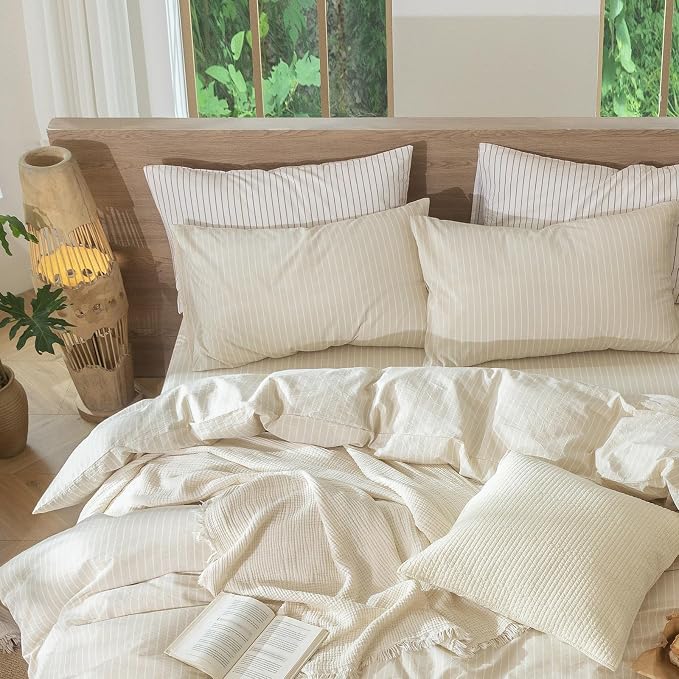 MooMee Bedding Pillowcases Striped Pack of 2 100% Washed Cotton Linen Like - Image 5
