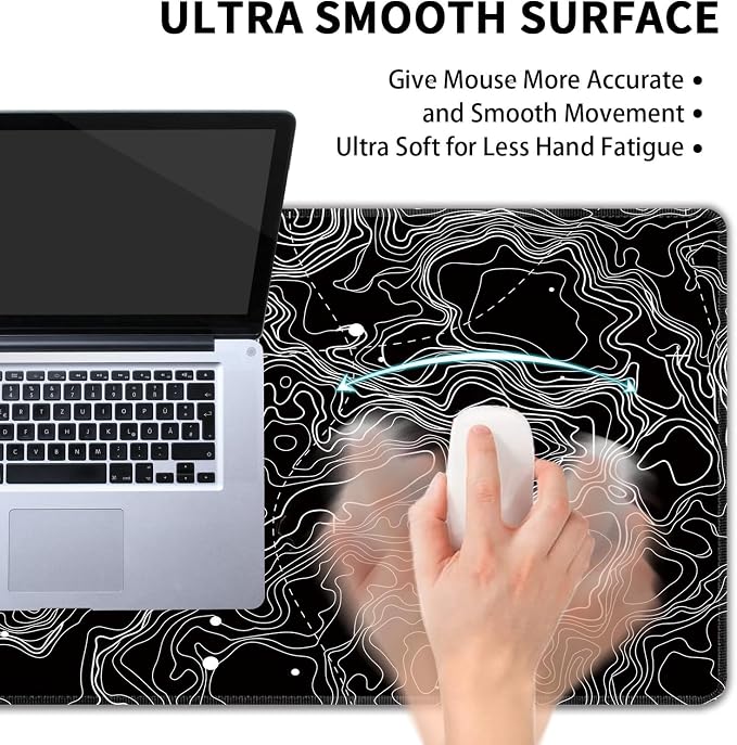 Black with White Topographic Line Large Mouse Pad, Gaming Keyboard Desk Pad - Image 5