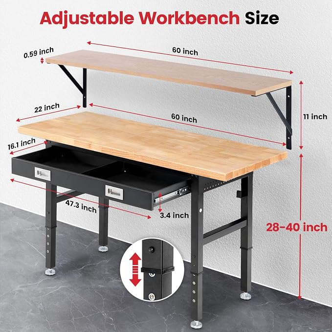 Work Bench with Shelf Bracket 60 Inch Heavy Duty Rubberwood Tabletop Workbench - Image 7