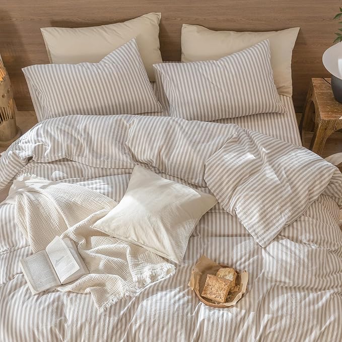 MooMee Bedding Pillowcases Striped Pack of 2 100% Washed Cotton Linen Like - Image 3