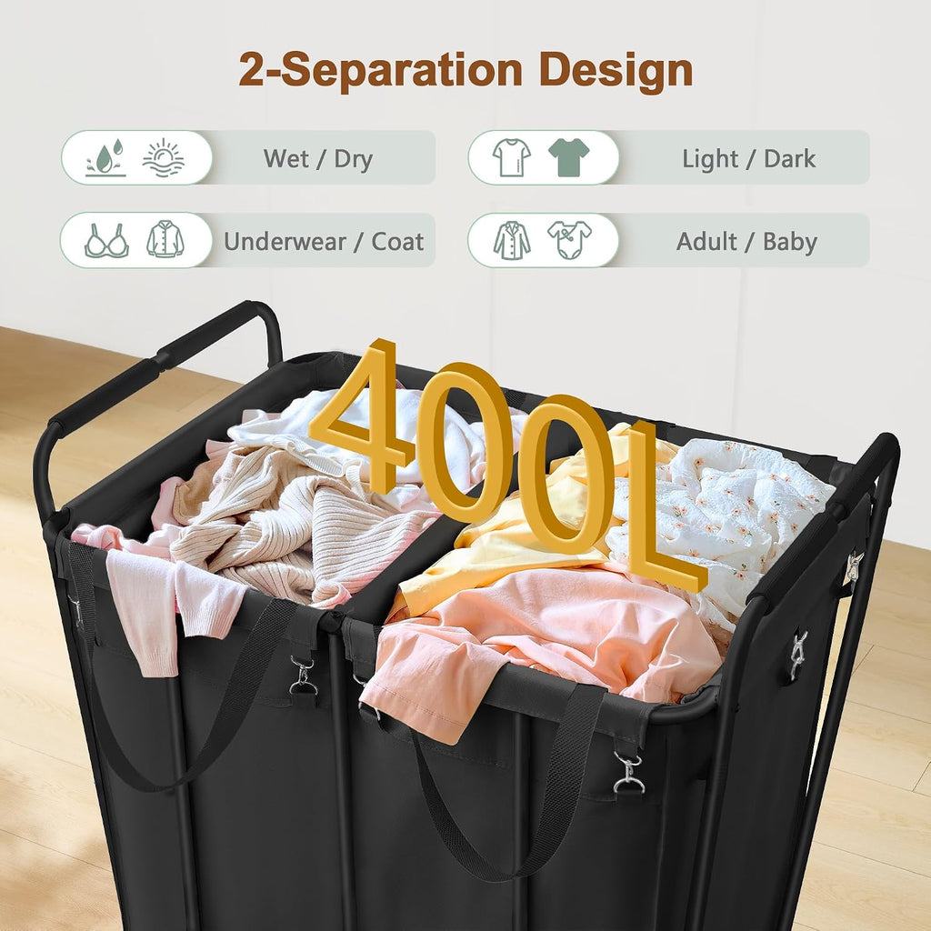 Hoctieon 2 Section Laundry Sorter Cart, 400L Rolling Hamper with