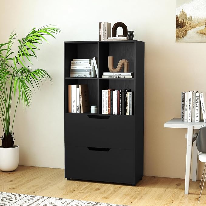 Giantex Bookcase with 2 Drawers, 51” Tall Floor Bookshelf w/4 Cubes, Anti-tip - Image 2