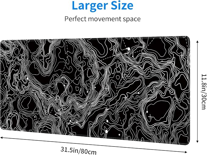 Black with White Topographic Line Large Mouse Pad, Gaming Keyboard Desk Pad - Image 3