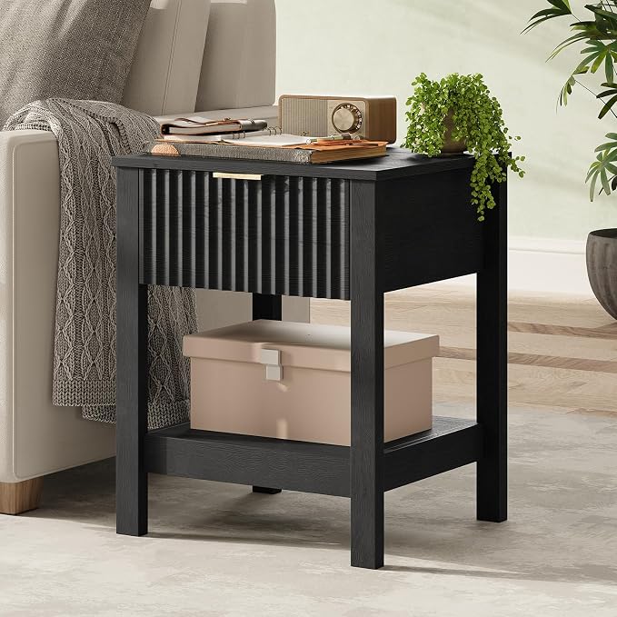 Fluted Night Stand with Golden Handle, Mid-Century Nightstands with Drawer by TROJMHome