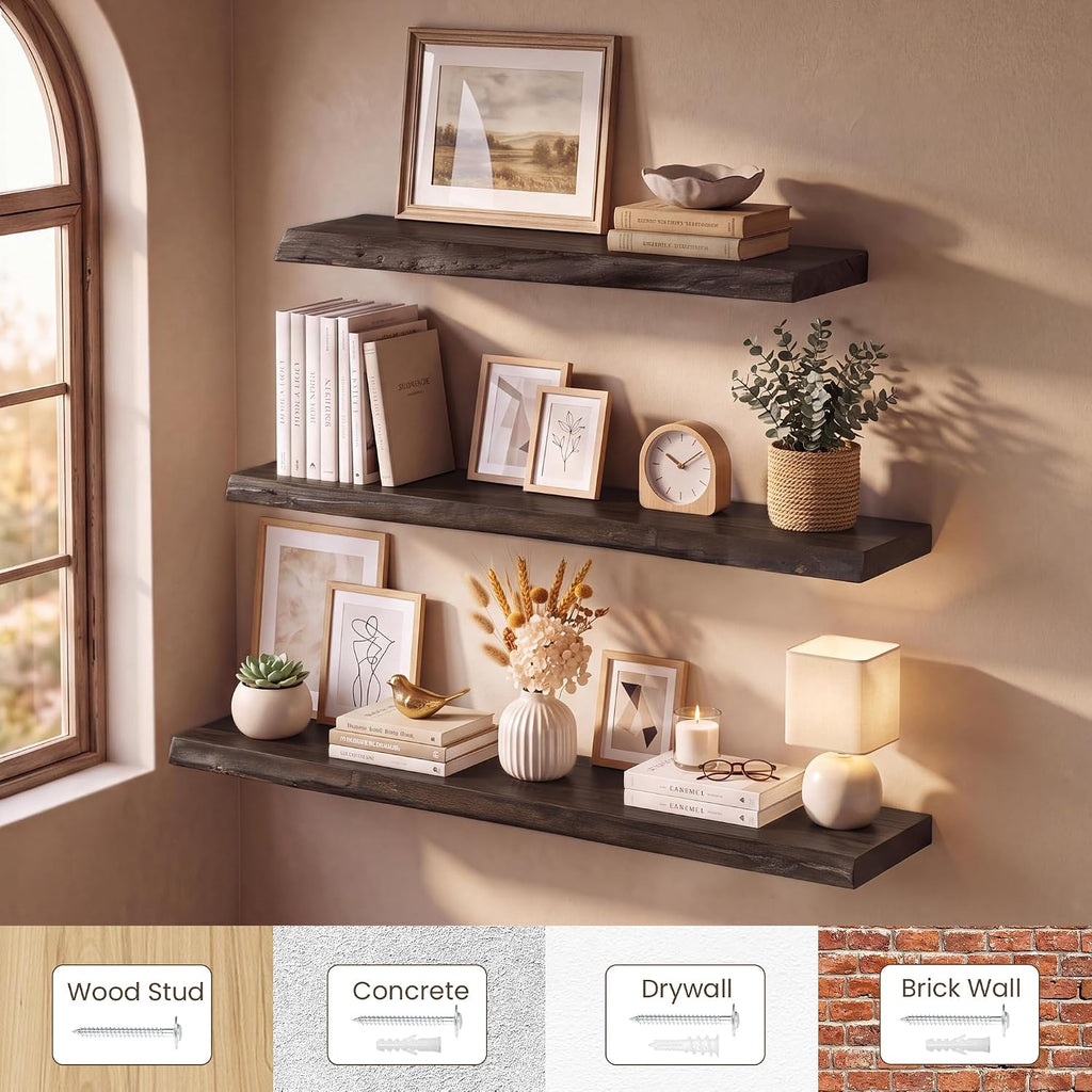 RICHFOCUS Live Edge Elm Floating Shelves - 48" W x 9.3" D Rustic Solid