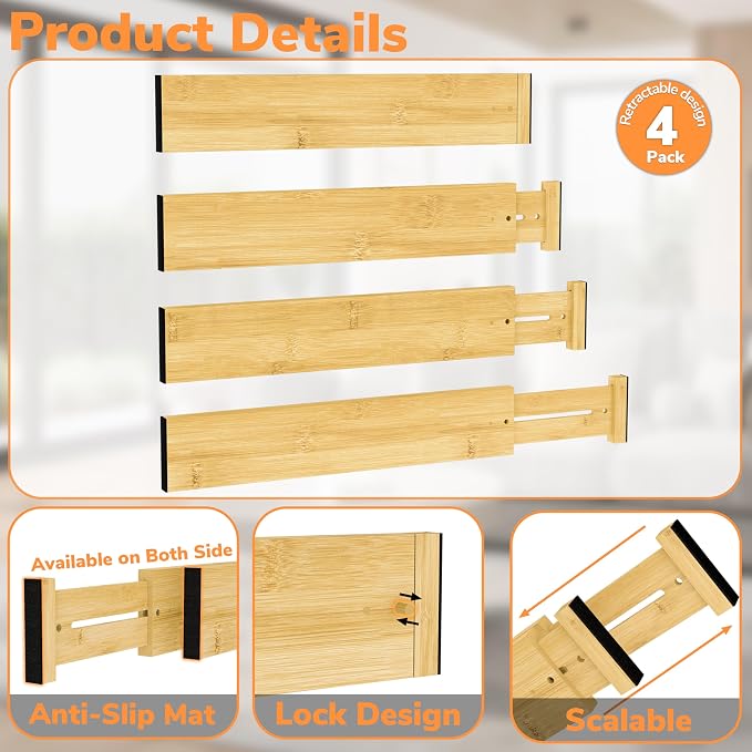 BAMEOS 3" H Large Bamboo Drawer Dividers Adjustable Drawer Organization - Image 6