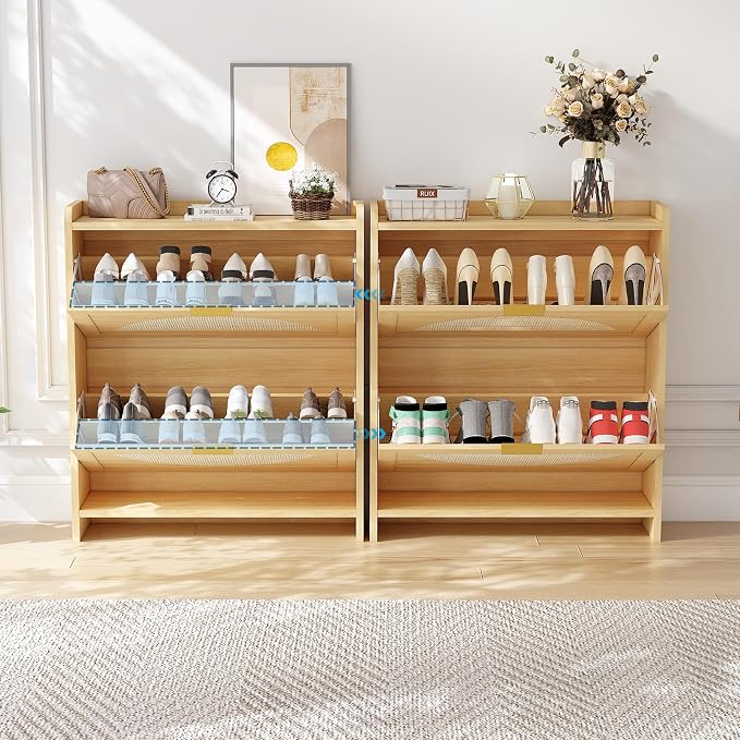 Rattan Shoe Cabinet with 2 Flip Drawers, Natural Wood Shoe Storage Cabinet - Image 7