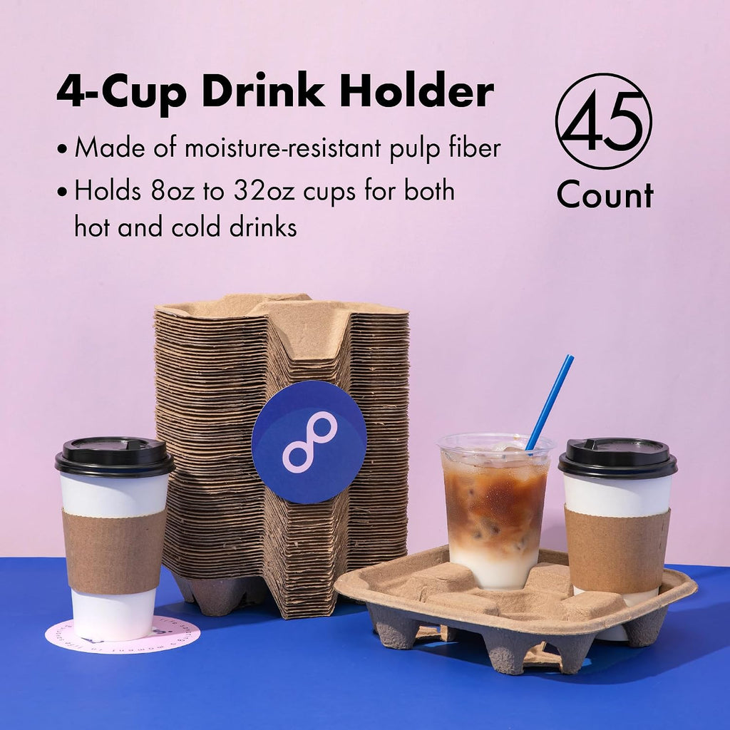 FMP Brands 4 Cup Disposable Drink Carrier Trays, 45 Pack Compostable