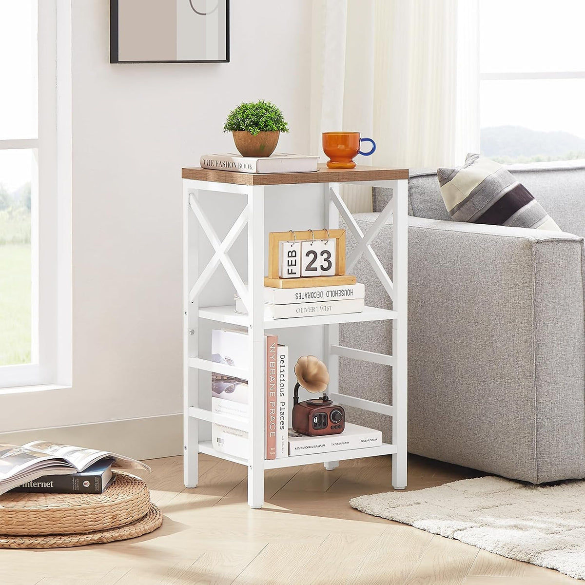 Small Bookshelf,3 Tier Industrial Bookcase with Metal Frame and