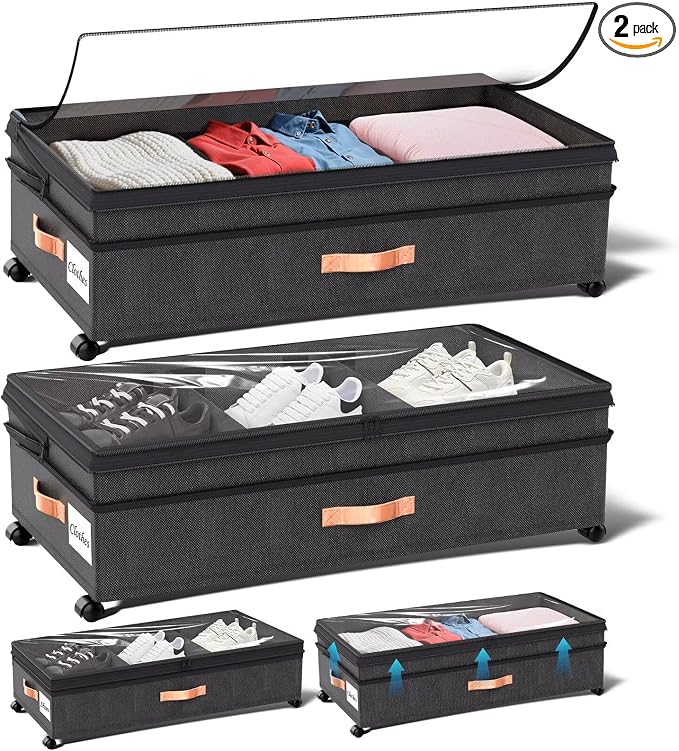 Under Bed Storage with Wheels, 2 Pack XXL Rolling Storage Containers by Aomkmi