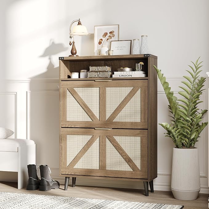 Shoe Cabinet with 2 Flip Drawers & Open Storage, Farmhouse Shoe Storage Cabinet - Image 9