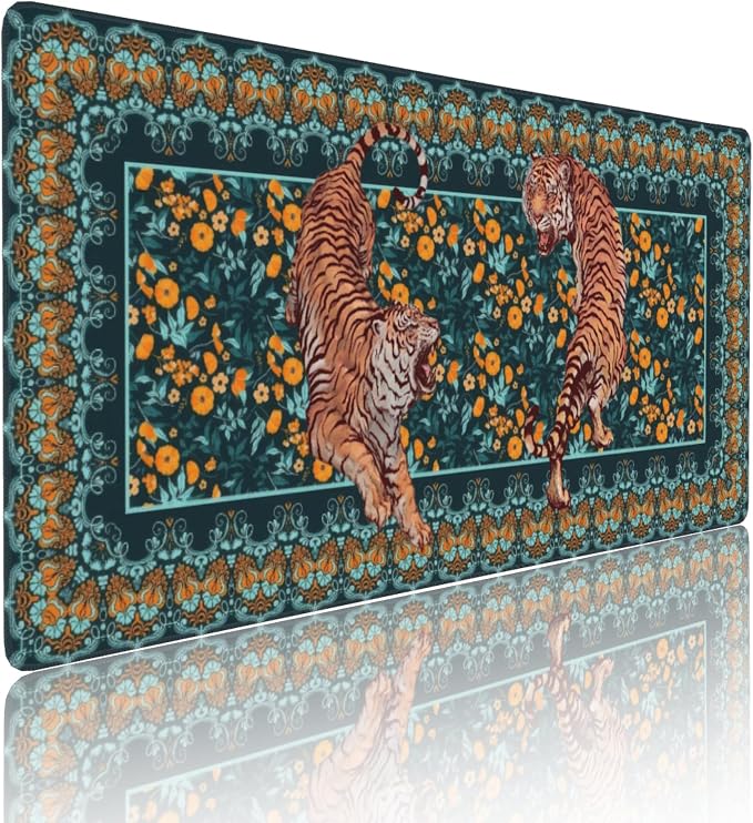Vintage Floral Tiger Large Mouse Pad, Vintage Aesthetic Gaming Desk Mat - Image 2