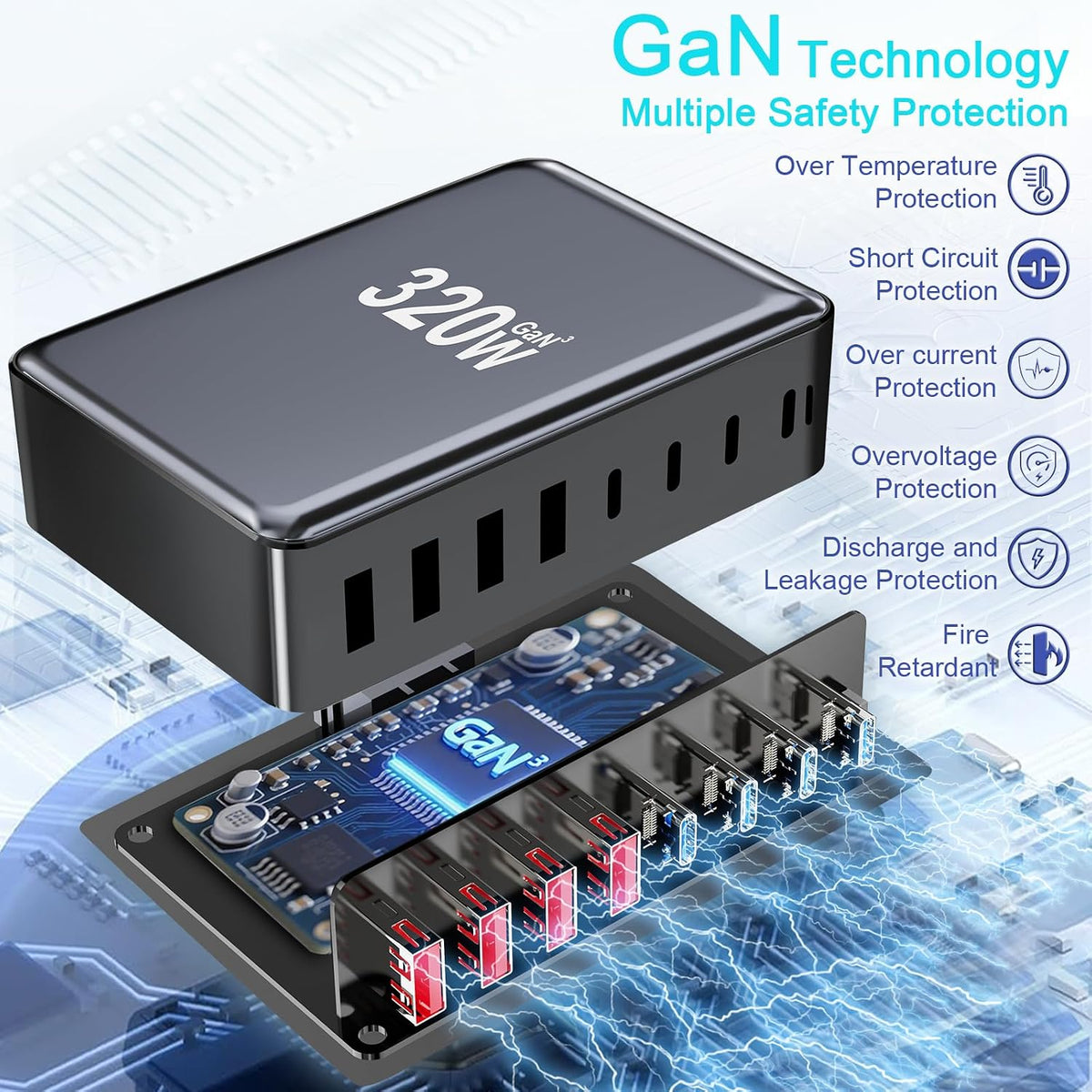320W USB C Charger Block, Multi-port Fast USB Charging Station Dual PD