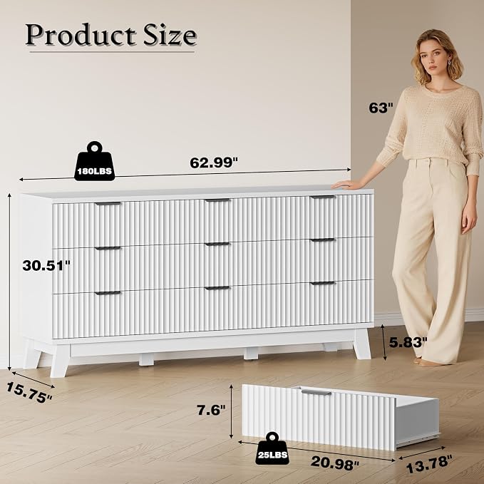 63" Long Dresser for Bedroom, 9-Drawer Fluted Dresser, Extra-Wide Wood Chest of - Image 2