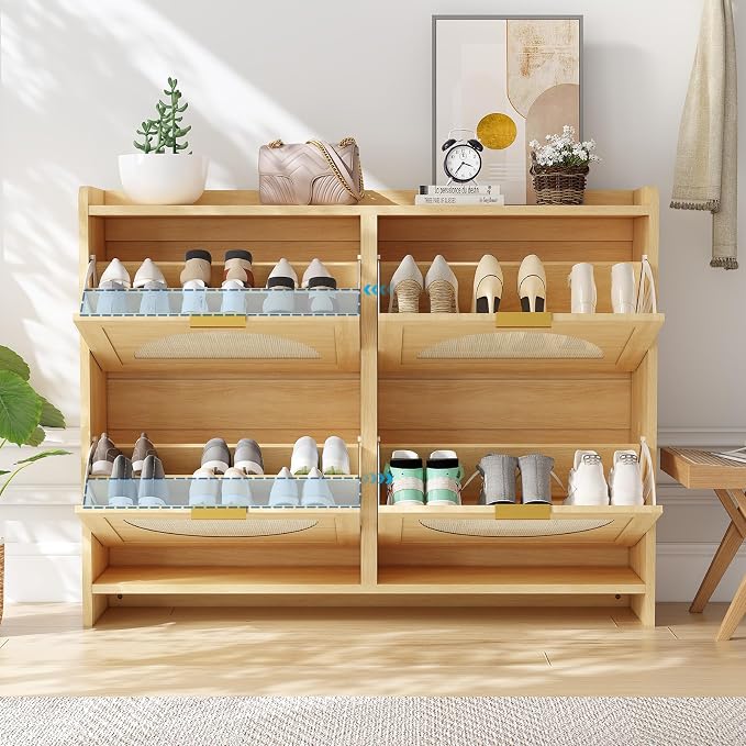 Rattan Shoe Cabinet with 4 Flip Drawers, Natural Wood Shoe Storage Cabinet - Image 7