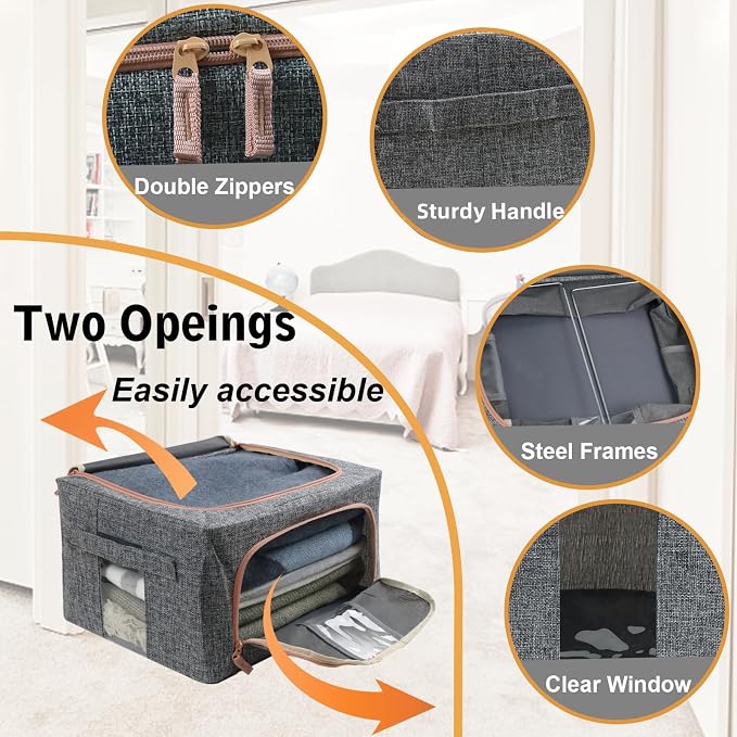 Linen Clothes Storage Bins, 2 Opening Ways Fabric Visible Lidded Storage Box - Image 4