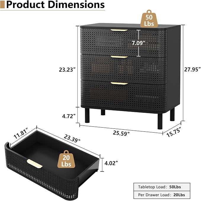 ORRD 3 Drawer Dresser, Modern Iron Rattan Cabinet Dresser - Image 2