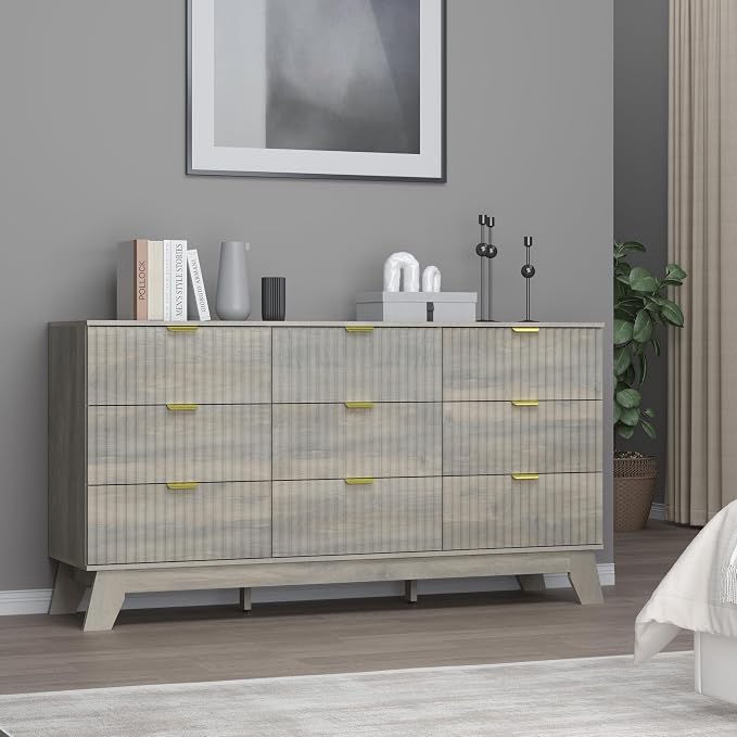 Fluted 9 Drawer Dresser, 57.1" Wide Modern Boho Chest of Drawers, Wooden - Image 7