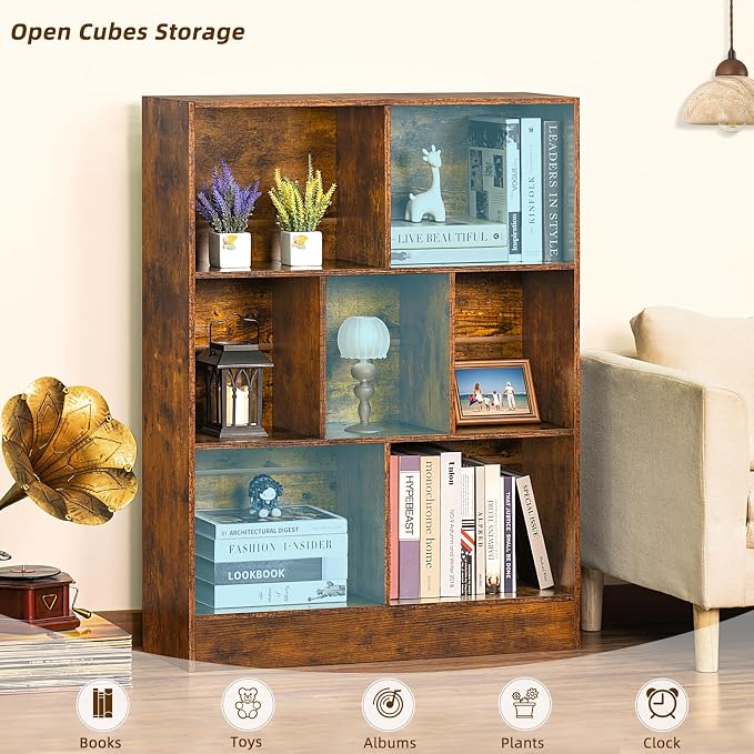 LEYAOYAO 7 Cube Bookshelf with Base, 3 Tier Mid-Century Modern Brown Bookcase - Image 3