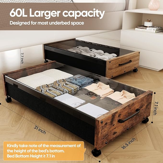 Under Bed Storage with Wheels, Rolling Underbed Storage Drawers, Wooden Under - Image 6