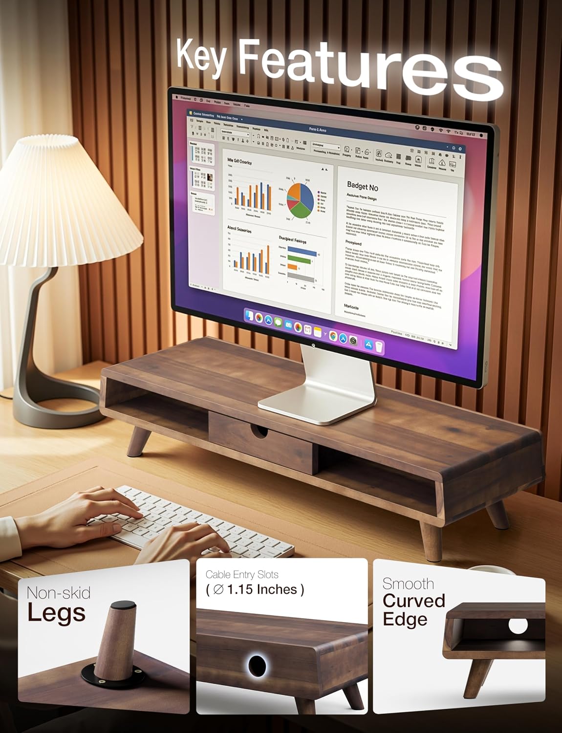 Wood Monitor Stand with Drawer & Storage, Walnut Color (Patented)