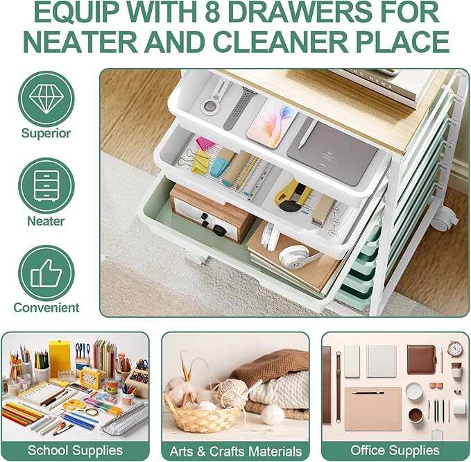 Storage Cart with 8 Drawers, Utility Cart with White Drawers and Wooden Tabletop - Image 3
