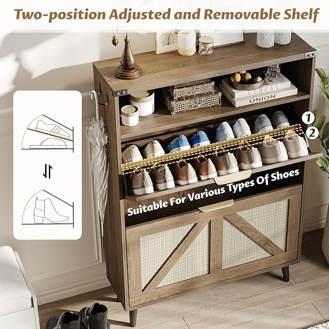 Shoe Cabinet with 2 Flip Drawers & Open Storage, Farmhouse Shoe Storage Cabinet - Image 3