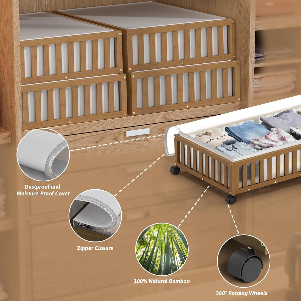 2 Pack Large Bamboo Under Bed Storage Containers with Wheels, Brown