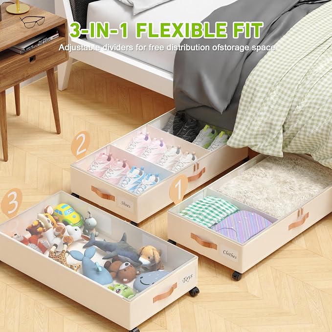 Under Bed Storage with Wheels, 2 Pack Under Bed Storage Containers with - Image 2