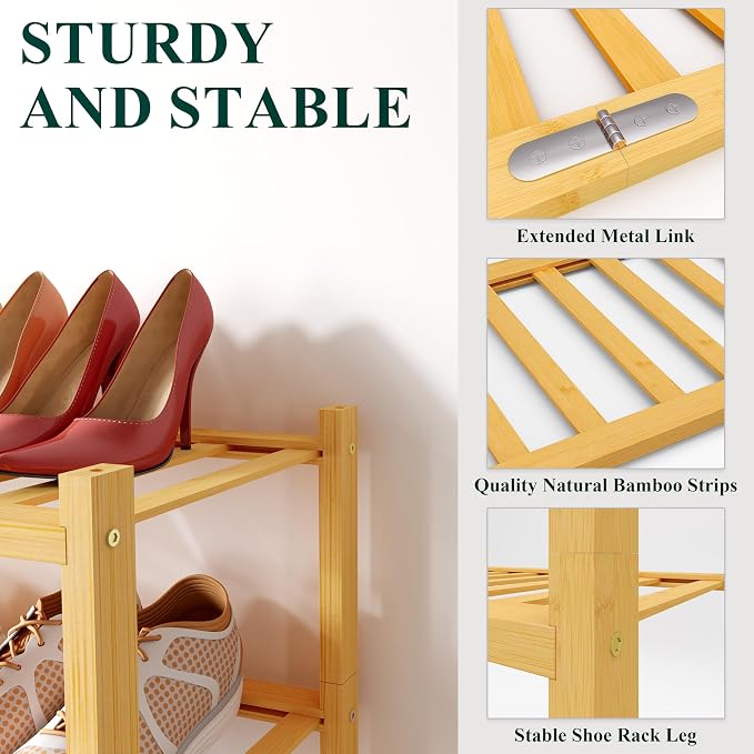 Smiry Bamboo Shoe Rack for Closet, 4 Tier Long Wooden Stackable Shoe Organizer - Image 3