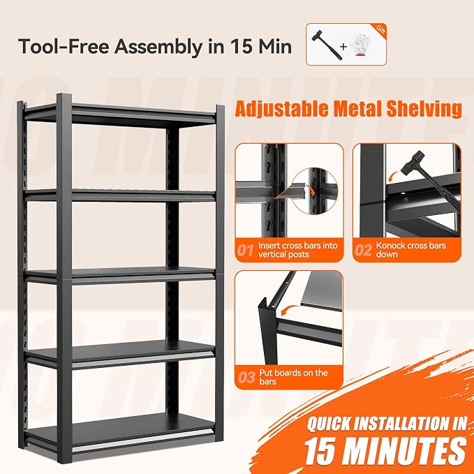 59" W Storage Shelves 2500LBS Garage Shelving Heavy Duty 5 Tier Adjustable - Image 7
