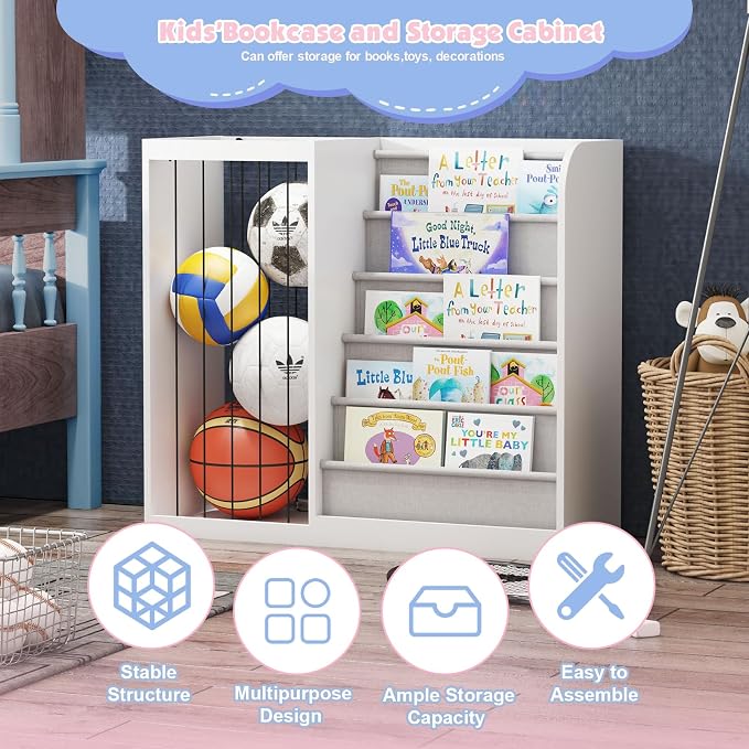 White Kids Bookshelf & Stuffed Animal Net Holder Plush Toy Storage Organizer - Image 5