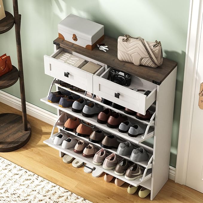 Shoe Cabinet with 2 Flip Drawers & 2 Drawers, Farmhouse Shoe Storage Cabinet - Image 3
