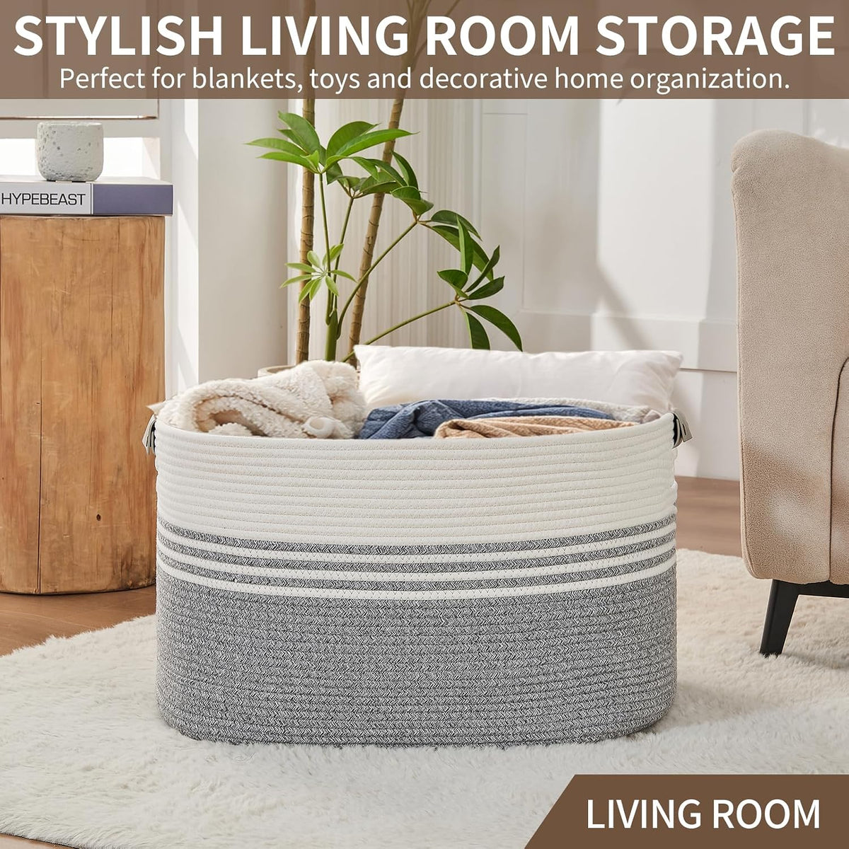 Laundry Hamper with Handles, 72L Rope Laundry Basket, Grey & White