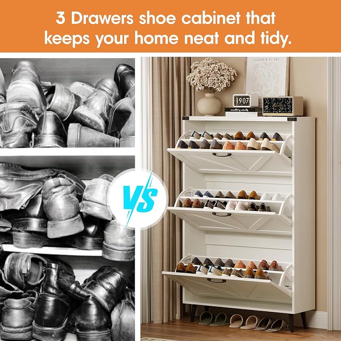 Shoe Cabinet with 3 Flip Drawers, Farmhouse Shoe Organizer Cabinet with Legs - Image 5